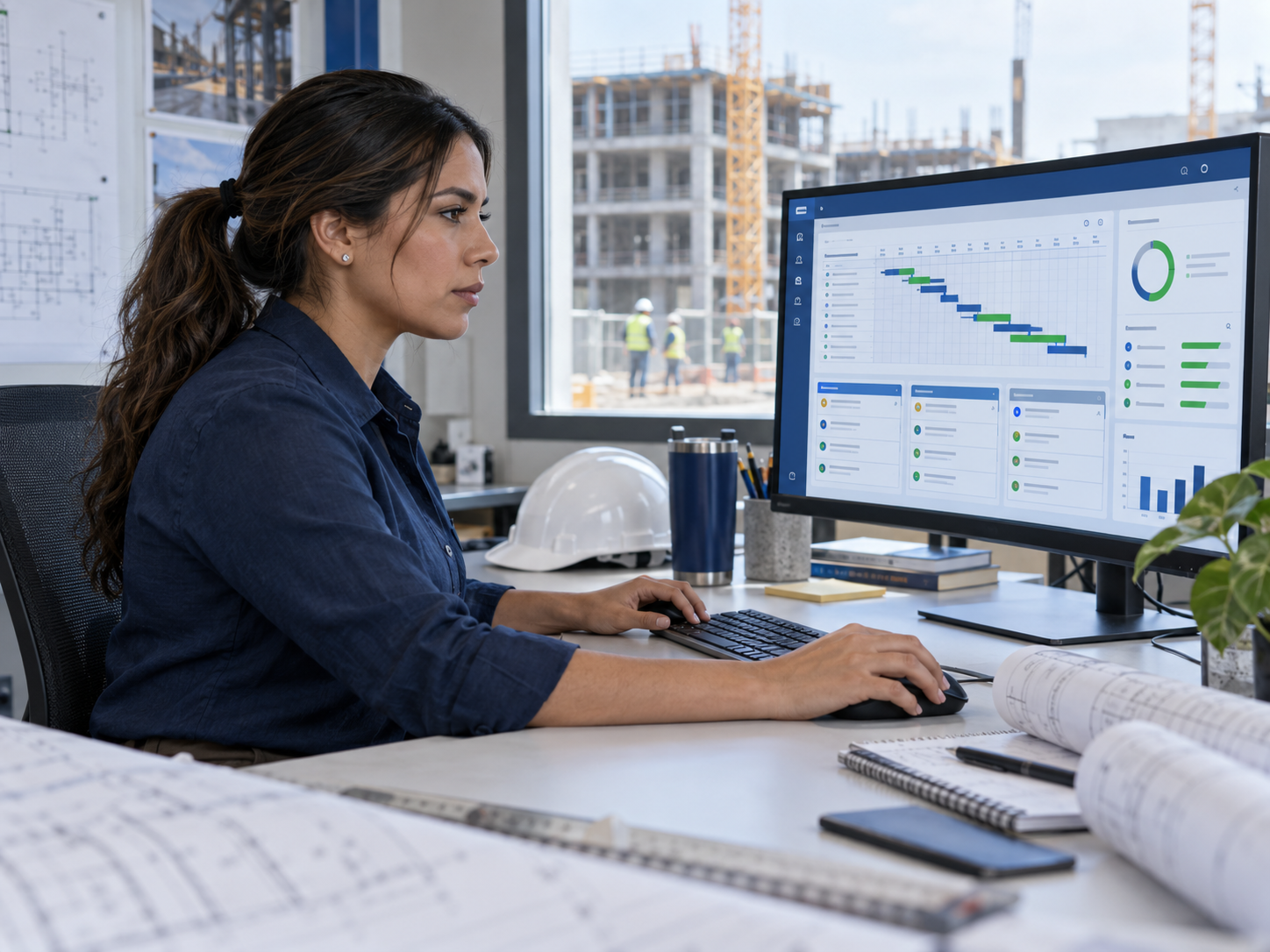 Ingeniera utilizando una aplicación de planificación de proyectos
